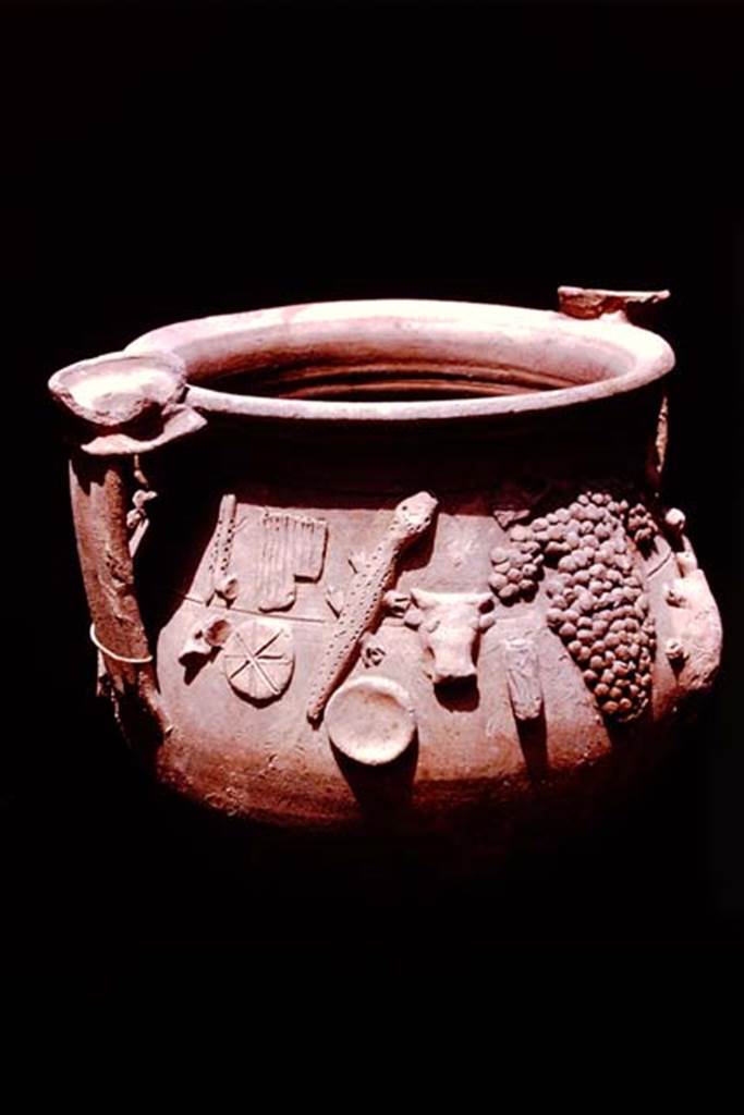 II.1.12 Pompeii, 1978. Detail of one side of the terracotta vase. Photo by Stanley A. Jashemski.   
Source: The Wilhelmina and Stanley A. Jashemski archive in the University of Maryland Library, Special Collections (See collection page) and made available under the Creative Commons Attribution-Non Commercial License v.4. See Licence and use details. J78f0592