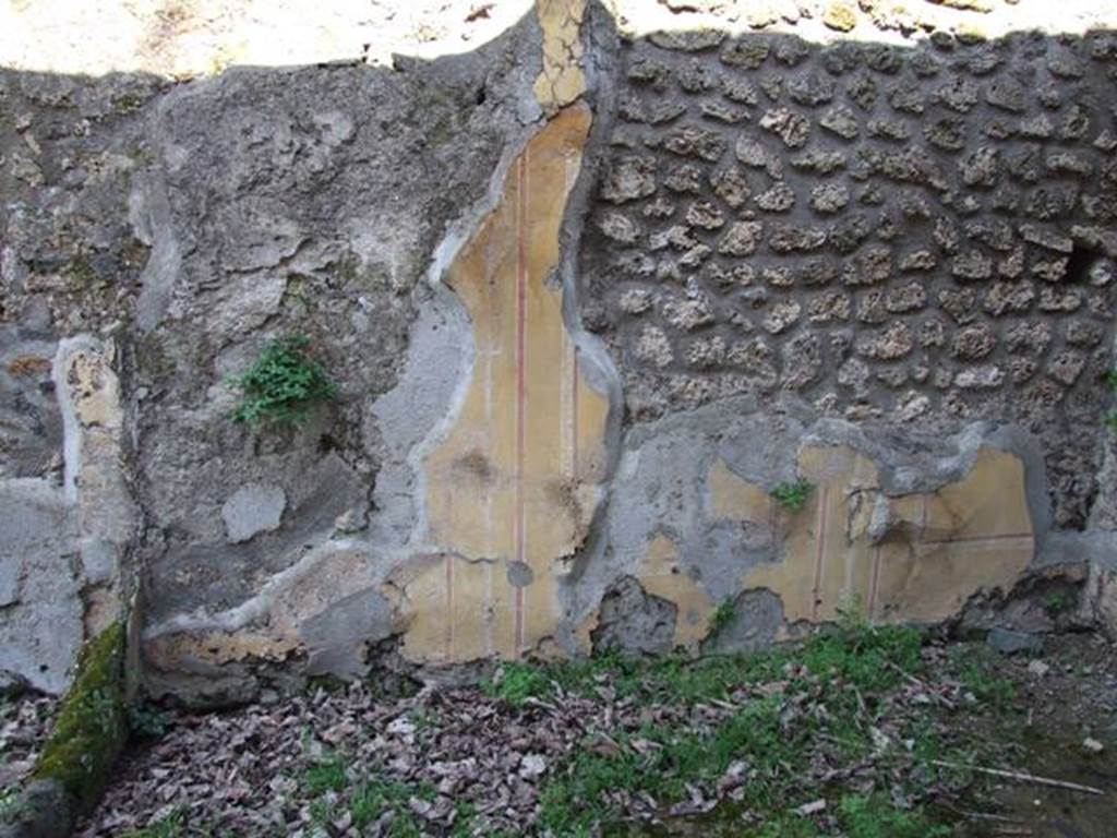 II.1.12 Pompeii. March 2009. North wall with remains of painted decoration in small room or storeroom on the north side of the sacellum.