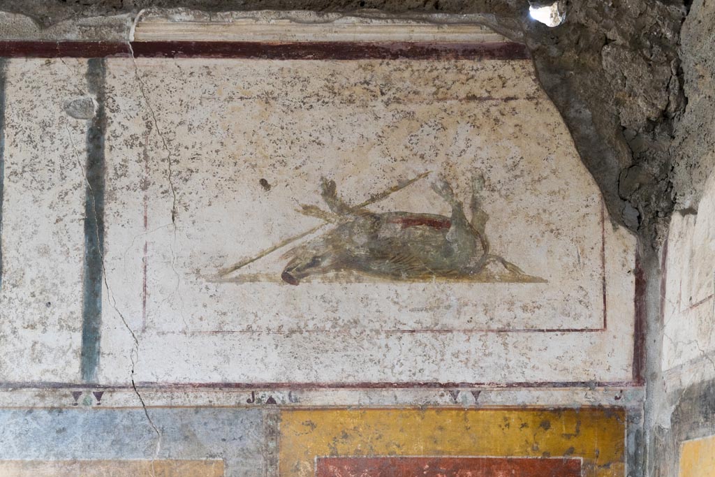II.1.12 Pompeii. July 2021. 
Triclinium, upper south wall at west end, with painted panel of a dead boar. Photo courtesy of Johannes Eber.