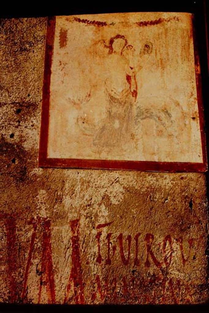 II.1.12 Pompeii, 1968. Pilaster on north side of entrance façade, painting of Venus with graffiti below it.
Venus Anadyomene (Venus rising from the sea) with a small naked Eros and a jumping dolphin.
Photo by Stanley A. Jashemski.
Source: The Wilhelmina and Stanley A. Jashemski archive in the University of Maryland Library, Special Collections (See collection page) and made available under the Creative Commons Attribution-Non Commercial License v.4. See Licence and use details.
J68f0269