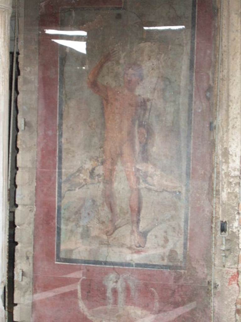 II.2.2 Pompeii. December 2005. Room "i". West end of upper euripus. 
Painting of Actaeon being attacked by the goddess Diana’s dogs.