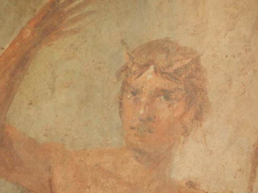 II.2.2 Pompeii. May 2016. Room "i", west end of upper euripus. Detail from painting of Actaeon.  Photo courtesy of Buzz Ferebee.