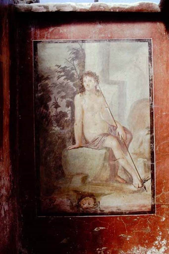 II.2.2 Pompeii.  1968. Room “k”, painting on east wall of summer dining room. Photo by Stanley A. Jashemski.
Source: The Wilhelmina and Stanley A. Jashemski archive in the University of Maryland Library, Special Collections (See collection page) and made available under the Creative Commons Attribution-Non Commercial License v.4. See Licence and use details.
J68f0298
