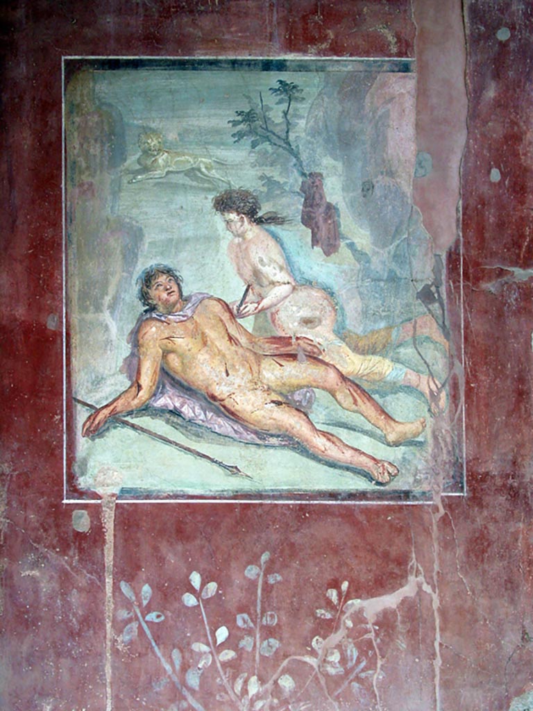 II.2.2 Pompeii. December 2019. 
Room “k”, painting of Pyramus and Thisbe, from east wall of summer dining room. Photo courtesy of Giuseppe Ciaramella.