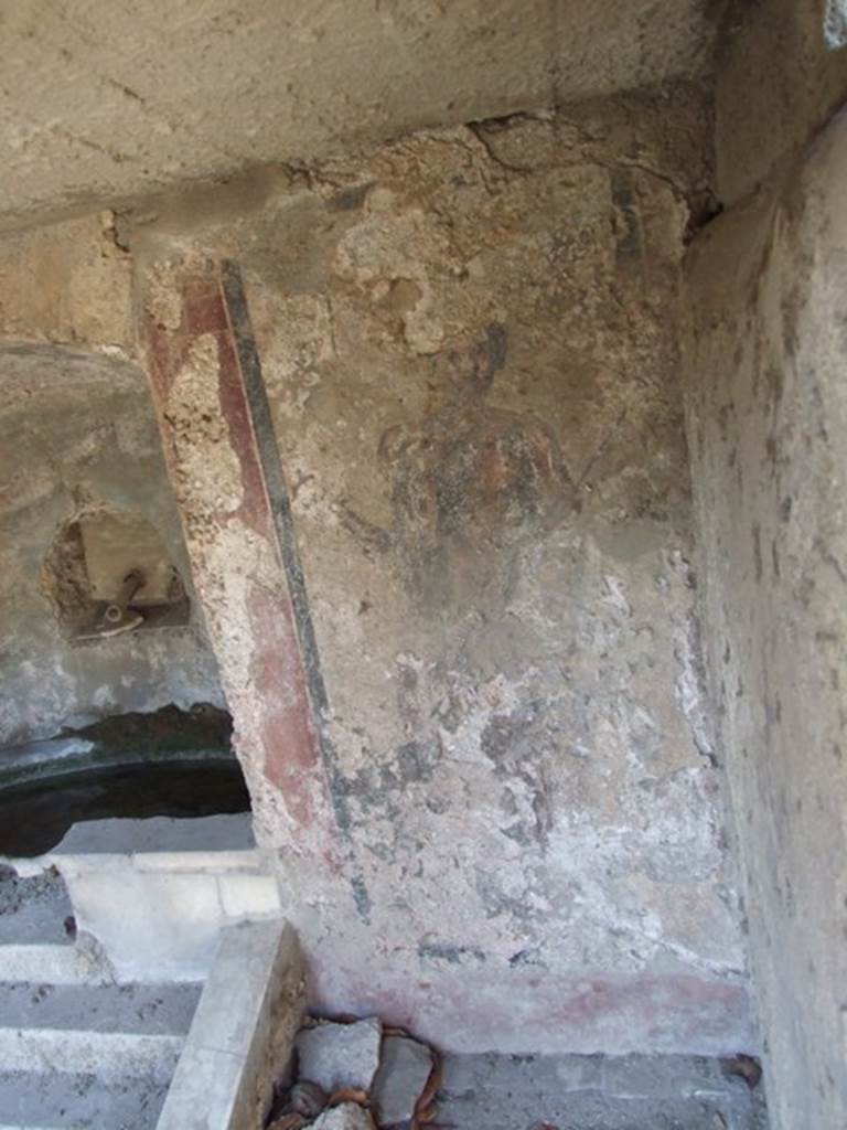 II.2.2 Pompeii. March 2009. Room “l”, garden. 
North wall of nymphaeum on east side with remains of painting of Acteon.