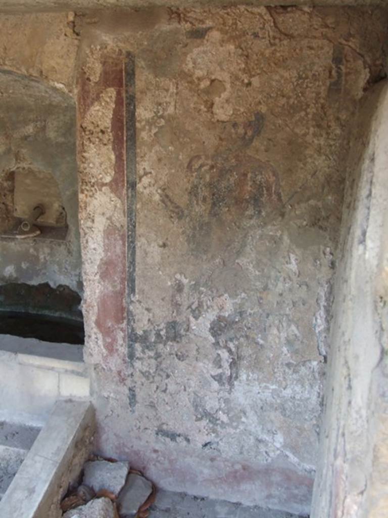 II.2.2 Pompeii. March 2009. Room “l”, garden. 
North wall of nymphaeum on east side with remains of painting of Acteon.