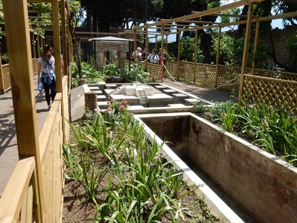 II.2.2 Pompeii. May 2016. Room “l”, garden. Looking south along east side of lower euripus.
Photo courtesy of Buzz Ferebee.