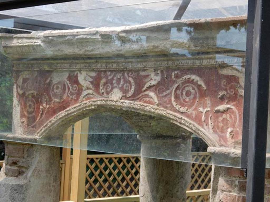 II.2.2 Pompeii. May 2016. Room “l”, garden. 
Looking north towards detail of decoration on the south side of the small pavilion.
Photo courtesy of Buzz Ferebee.