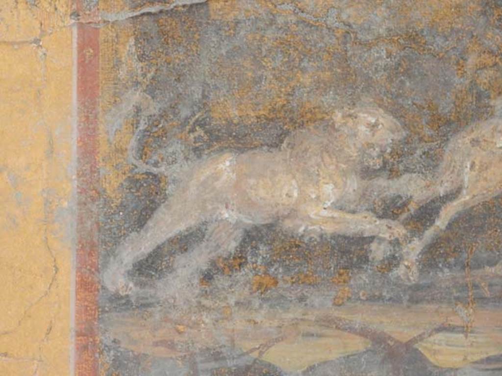 II.2.2 Pompeii. May 2016. Room “e”, detail of hunting scene from central panel of west wall.  Photo courtesy of Buzz Ferebee.