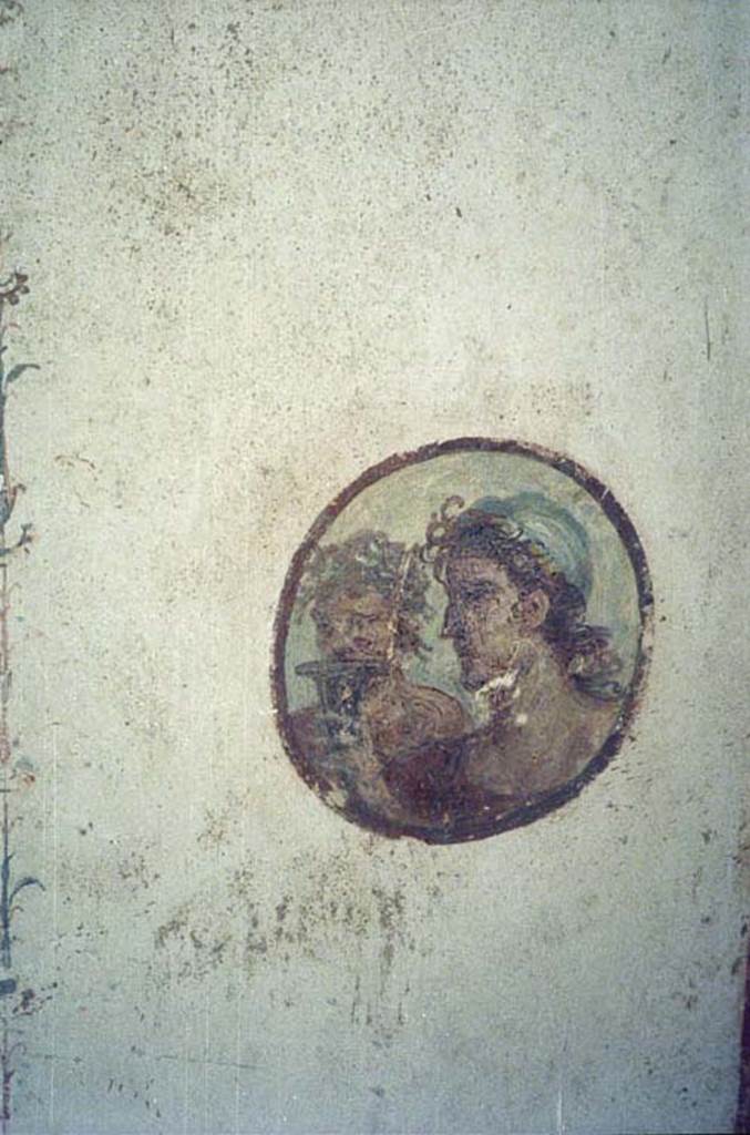 II.2.2 Pompeii. July 2011. 
Room “f”, round painted portrait medallion of two faces, from the east wall. 
Photo courtesy of Rick Bauer.