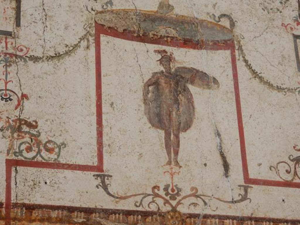 II.2.2 Pompeii. May 2016. Room “f”, detail of painted figure from west end of upper south wall. Photo courtesy of Buzz Ferebee.
