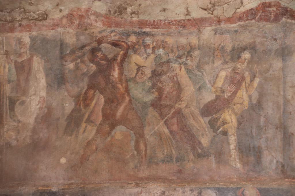 II.2.2 Pompeii. October 2022. 
Triclinium “h”, the larger upper section depicting Heracles and Laomedon, King of Troy, from the centre of the east wall.
Photo courtesy of Klaus Heese