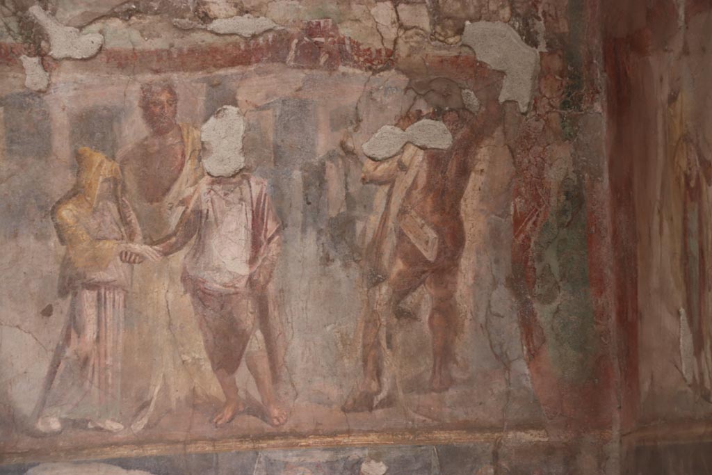 II.2.2 Pompeii. October 2022. 
Triclinium “h”, the larger upper section depicting Hesione and Telamon from the east wall at south end. Photo courtesy of Klaus Heese