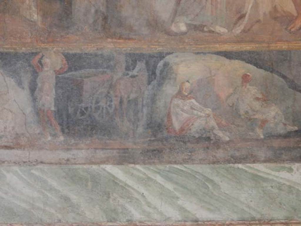 II.2.2 Pompeii. May 2016. Room “h”, east wall of triclinium. 
Lower section with stories from the Trojan War featuring Achilles.
Led by Hermes, Priam takes a wagon out of Troy, across the plains, and enters the Greek camp unnoticed.
Photo courtesy of Buzz Ferebee.