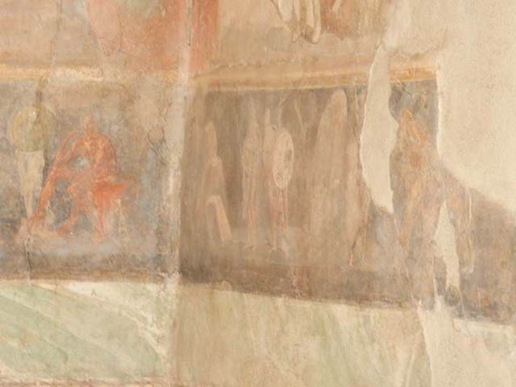 II.2.2 Pompeii. May 2016. Room “h”, south end of east wall and south wall. 
On the right of the south wall a boy is watering two horses, said to be XANTUS and BALIUS given to Achilles by Peleus.
On the left of the south wall the embassy to Achilles (between two sets of rocks), consisting of the heavily armed Phoenix, Odysseus and Telamonian Ajax goes towards Achilles tent.
On the east wall in his tent sits a nude Achilles in thoughtful pose. Patroclus, fully armed, is next to him.
See Lorenz K., 2013. In Epic Visions: Visuality in Greek and Latin Epic and its Reception. Cambridge U.P., p. 235-6.