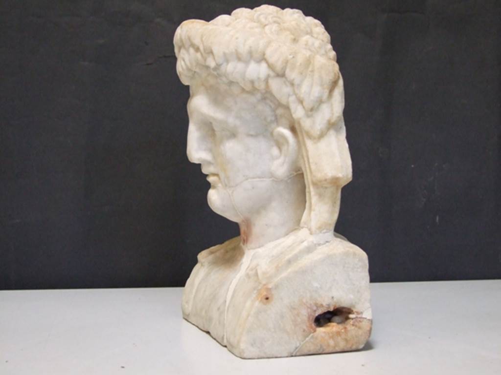 II.2.2 Pompeii.  March 2009. Room “i”. White marble bust of a man, perhaps a young Dionysus.   Found on the north side of the upper euripus in the garden.
SAP inventory number:   20382