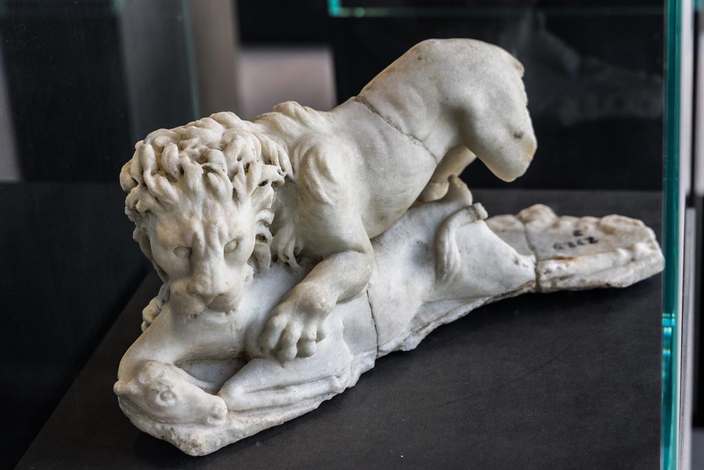 II.2.2 Pompeii. January 2023. 
Room “i”, white statuette of a lion found on the north side of the upper euripus in the garden. 
On display in exhibition in Palaestra.  Photo courtesy of Johannes Eber