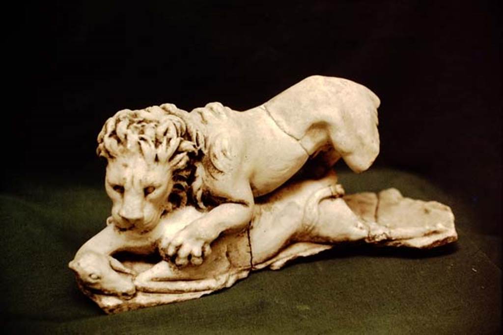 II.2.2 Pompeii, 1978. Room “i”. White marble statuette of a lion tearing an antelope to pieces.
SAP inventory number 2929. Found on the north side of the upper euripus in the garden. Photo by Stanley A. Jashemski.   
Source: The Wilhelmina and Stanley A. Jashemski archive in the University of Maryland Library, Special Collections (See collection page) and made available under the Creative Commons Attribution-Non Commercial License v.4. See Licence and use details. J78f0172