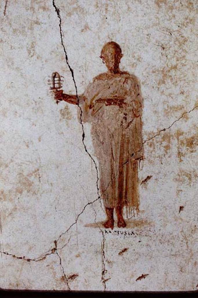II.2.2 Pompeii. 1961. Room “f”, detail from panel on west side of south wall.  
Photo by Stanley A. Jashemski.
Source: The Wilhelmina and Stanley A. Jashemski archive in the University of Maryland Library, Special Collections (See collection page) and made available under the Creative Commons Attribution-Non Commercial License v.4. See Licence and use details.
J68f0300(2)