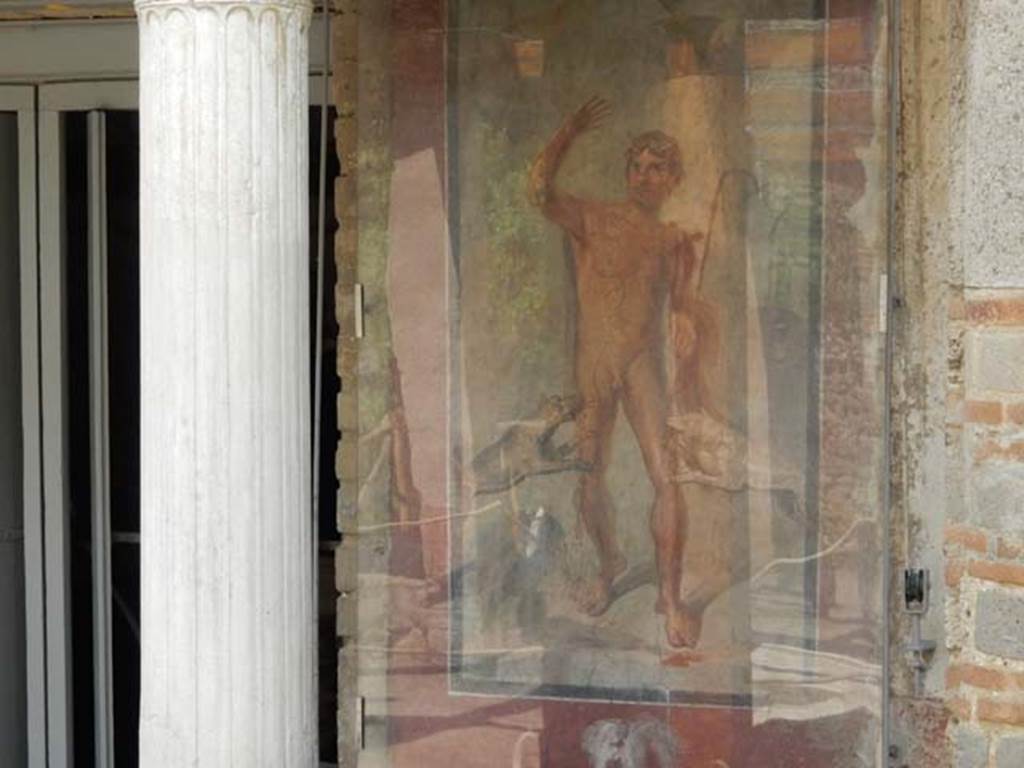 II.2.2 Pompeii. May 2016.  Room "i", west end of upper euripus. Painting of Actaeon being attacked by the goddess Diana’s dogs. Photo courtesy of Buzz Ferebee.