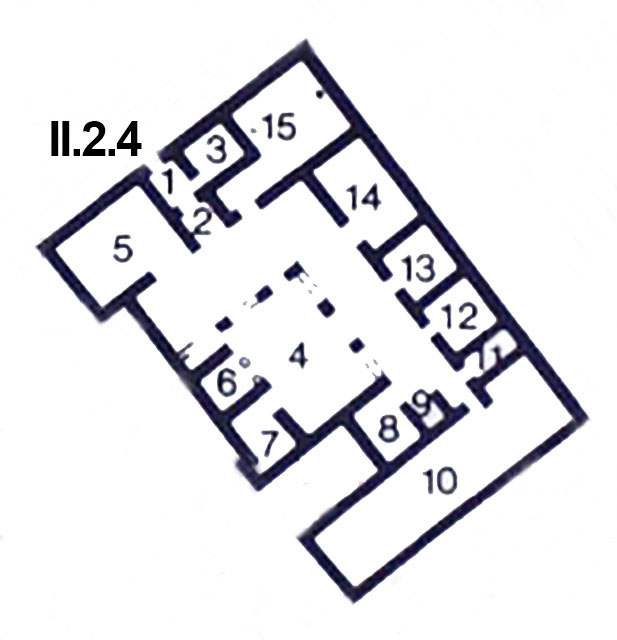II.2.4 Pompeii. House of Augustalis or Domus of Messius Ampliatus. Plan based on that in PPM.
See Carratelli, G. P., 1990-2003. Pompei: Pitture e Mosaici: Vol. III. Roma: Istituto della enciclopedia italiana, p. 109.
According to Eschebach, 
Rooms 1 and 2 were a wide fauces.
Room 3 was the “porter’s room” (cella ostiaria) and contained stairs to the upper floor.
Room 4, the atrium had been converted into a two-sided pillared pseudoperistyle portico and garden. 
Room 5 was a large oecus.
Room 6 was a garden room (diaeta?) 
Room 7 was a staircase together with an amphorae store
Room 8 was a cubiculum.
Room 9 was the kitchen.
Room 10 was a narrow rear garden with 3 small windows looking onto the biclinium of II.2.2.
Room 11 was for the stairs to the upper floor, over the latrine (?).
Room 12 was a cubiculum.
Room 13 was a cubiculum.
Room 14 was a triclinium.
Room 15 was a large room in the north-east corner of the north portico from which room 3 had been created.
See Eschebach, L., 1993. Gebäudeverzeichnis und Stadtplan der antiken Stadt Pompeji. Köln: Böhlau, (p.89)