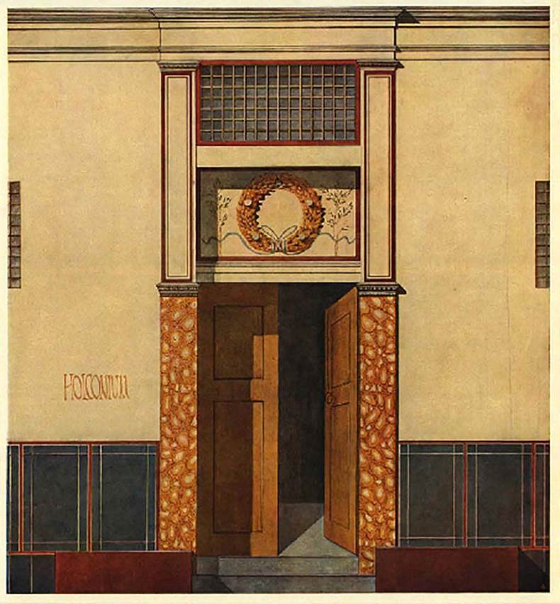 II.2.4 Pompeii. Reconstruction painting of entrance doorway and front façade on Via dell’Abbondanza.
See Spinazzola V., 1953. Pompei alla luce degli Scavi Nuovi di Via dell’Abbondanza (anni 1910-1923). Roma: La Libreria della Stato, p. 134, Tav. VIII.