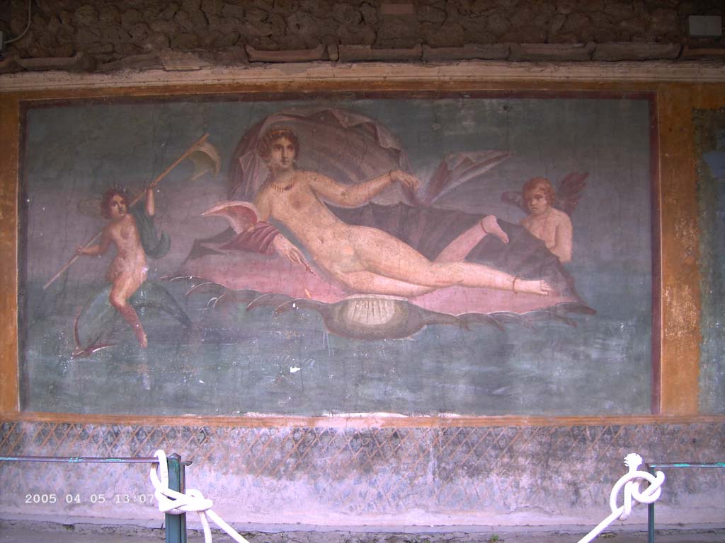 II.3.3 Pompeii. April 2005. Room 11, central panel on south wall of peristyle. Wall painting of Aphrodite / Venus in a shell. 
Photo courtesy of Klaus Heese.