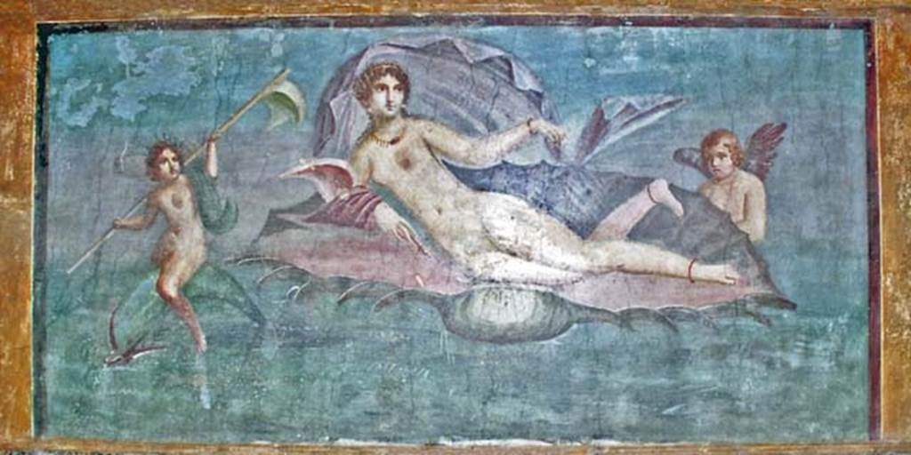 II.3.3 Pompeii. October 2001. Room 11, central panel on south wall of peristyle. 
Wall painting of Aphrodite / Venus in a shell. Photo courtesy of Peter Woods.
