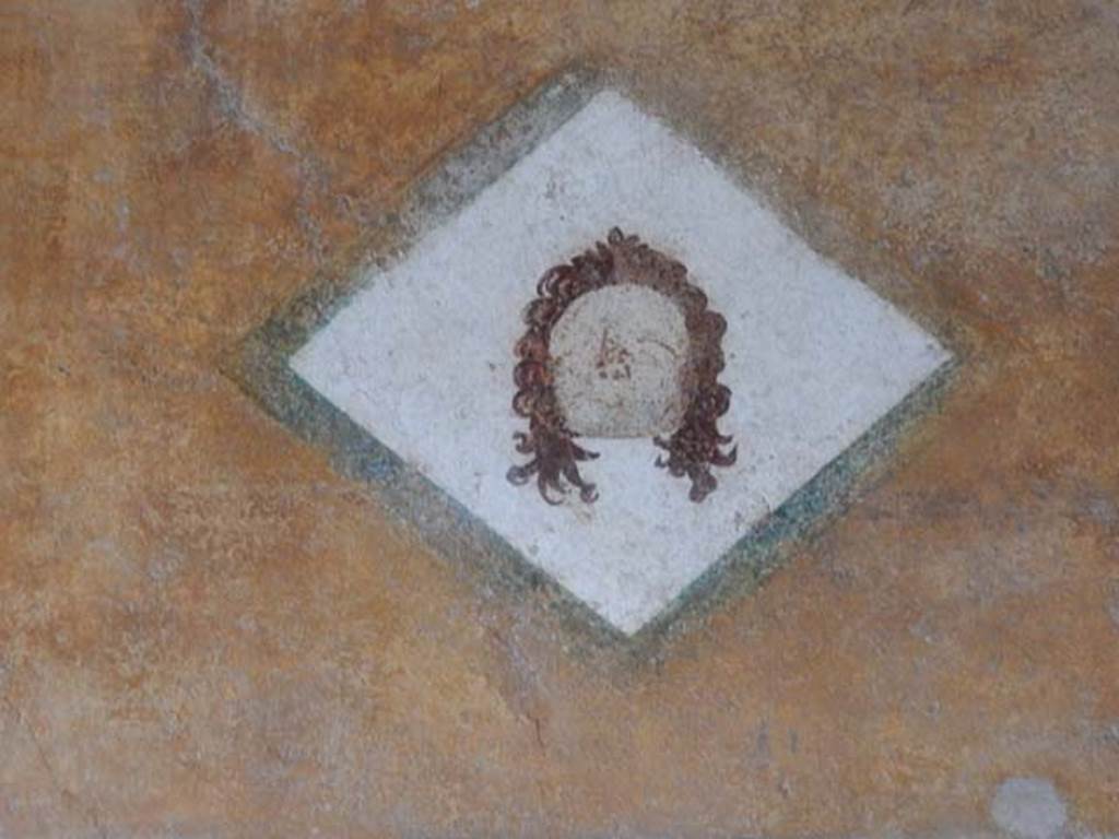 II.3.3 Pompeii. May 2016.  Room 11, painted face from north end of upper west wall of west portico, above doorway to room 12.  Photo courtesy of Buzz Ferebee.