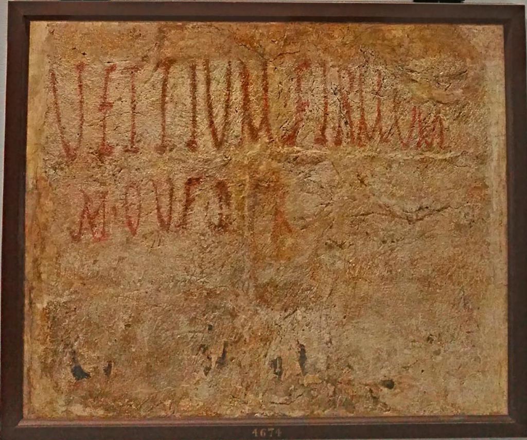 II.3, northern part of insula. Fragment of red painted plaster, reading –
“Vote for Vettius Firmus for aedile (who is) worthy of being a public administrator.”
Now in Naples Archaeological Museum, inv. 4674.
Photo courtesy of Giuseppe Ciaramella, June 2017.