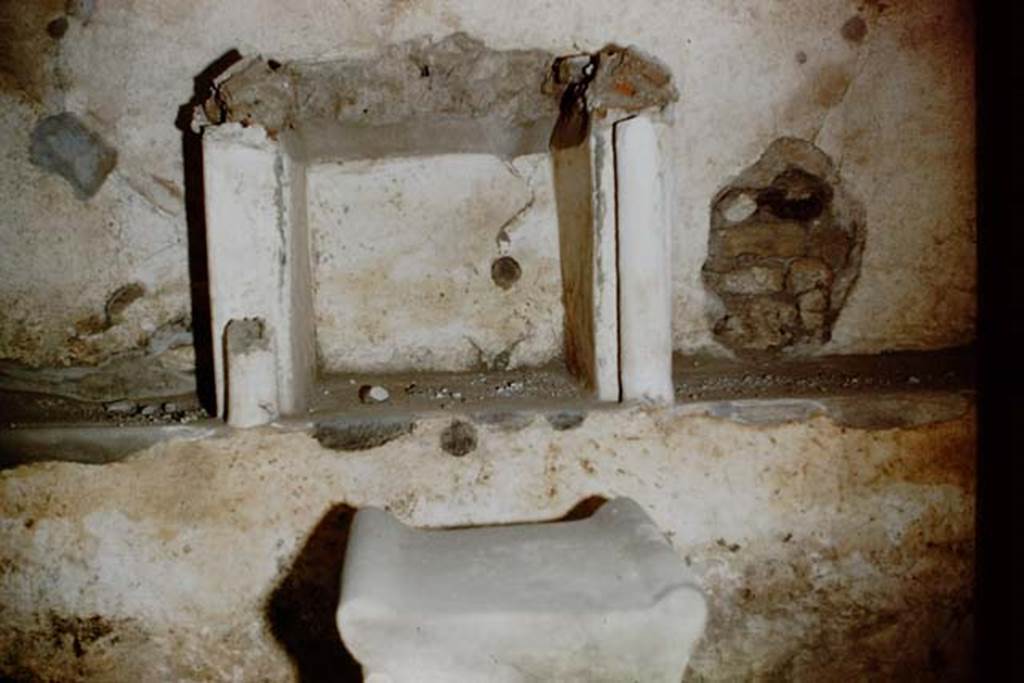 II.3.6 Pompeii. 1959. Sacellum. Remains of aedicula lararium built against the north wall with altar below. Photo by Stanley A. Jashemski.
Source: The Wilhelmina and Stanley A. Jashemski archive in the University of Maryland Library, Special Collections (See collection page) and made available under the Creative Commons Attribution-Non Commercial License v.4. See Licence and use details.
J59f0455
