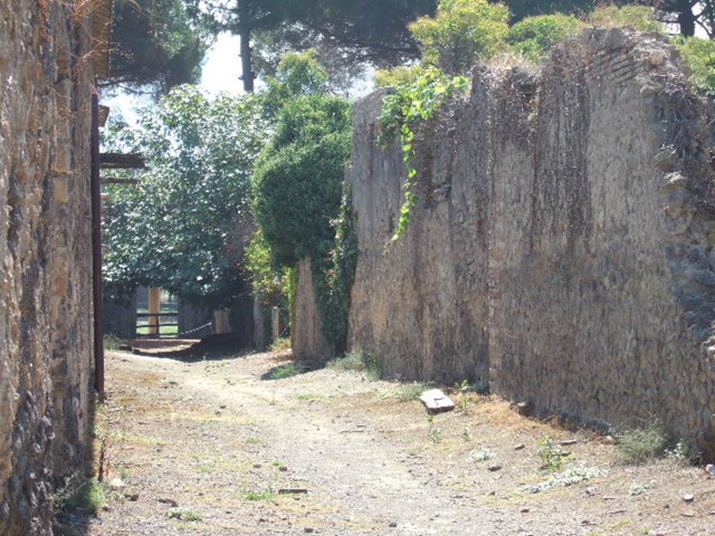 Pompeii. September 2005. Roadway looking south near  II.3.7 and II.3.6