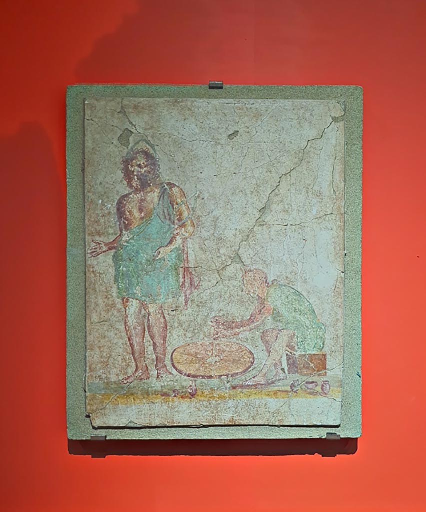 II.3.8/9 Pompeii. March 2024. Fresco of Vulcan and the potter. 
On display in exhibition in Palaestra, entitled - “L’altra Pompei, vite comuni all’ombra del Vesuvio”. 
Photo courtesy of Giuseppe Ciaramella.