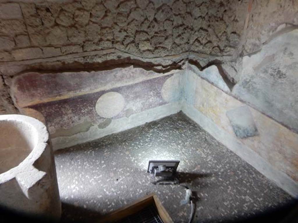 II.4.3 Pompeii. May 2016. Painted decoration on lower level/zoccolo of north wall in north-east corner. Photo courtesy of Buzz Ferebee.