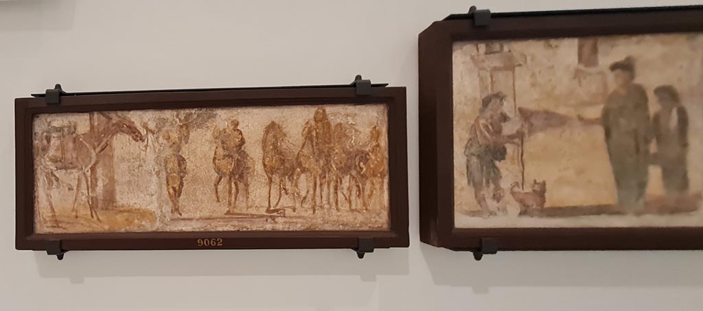 II.4.3 Pompeii. April 2023. Paintings of the Forum frieze, on display in “Campania Romana” gallery in Naples Archaeological Museum.
On the left, (inv. 9062) – Mulo sellato; quadriga, cavaliere e uomo dorati. (Saddled mule; gilded quadriga (chariot), rider and man).
Photo courtesy of Giuseppe Ciaramella.