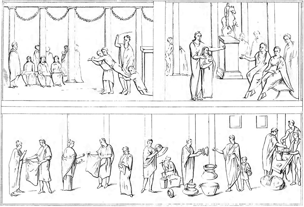 II.4.3 Pompeii. Pre-1843. Drawings by Abbate.
Top left, inventory number 9066. 
Top right, inventory number 9067.  
Lower drawing – The sale of clothing, pots and other objects. Now in Naples Archaeological Museum, inventory number: 9063.
See Raccolta de più interessante Dipinture e di più belle Musaici rinvenuti negli Scavi di Ercolano, di Pompei, e di Stabia. 1843. Napoli.