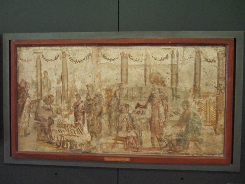 II.4.3 Pompeii.  Part of the “Forum Frieze” found in the atrium.  Sale of utensils and pots.  Now in Naples Archaeological Museum.  Inventory number 9069. See Accademici Ercolanesi, 1762. Le Pitture Antichita di Ercolano: Tome III. (p. 221, Tav.42).