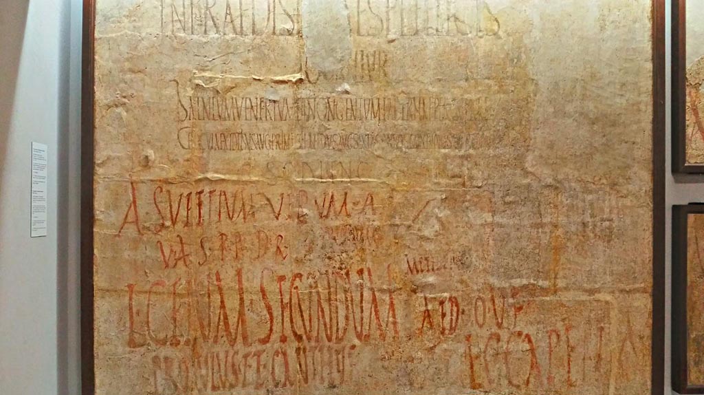 II.4.6 Pompeii. Found February 1756. Graffiti to the west side of doorway between II.4.5 and II.4.6.
Now in Naples Archaeological Museum. Inventory number 4713. Photo courtesy of Giuseppe Ciaramella, June 2017.