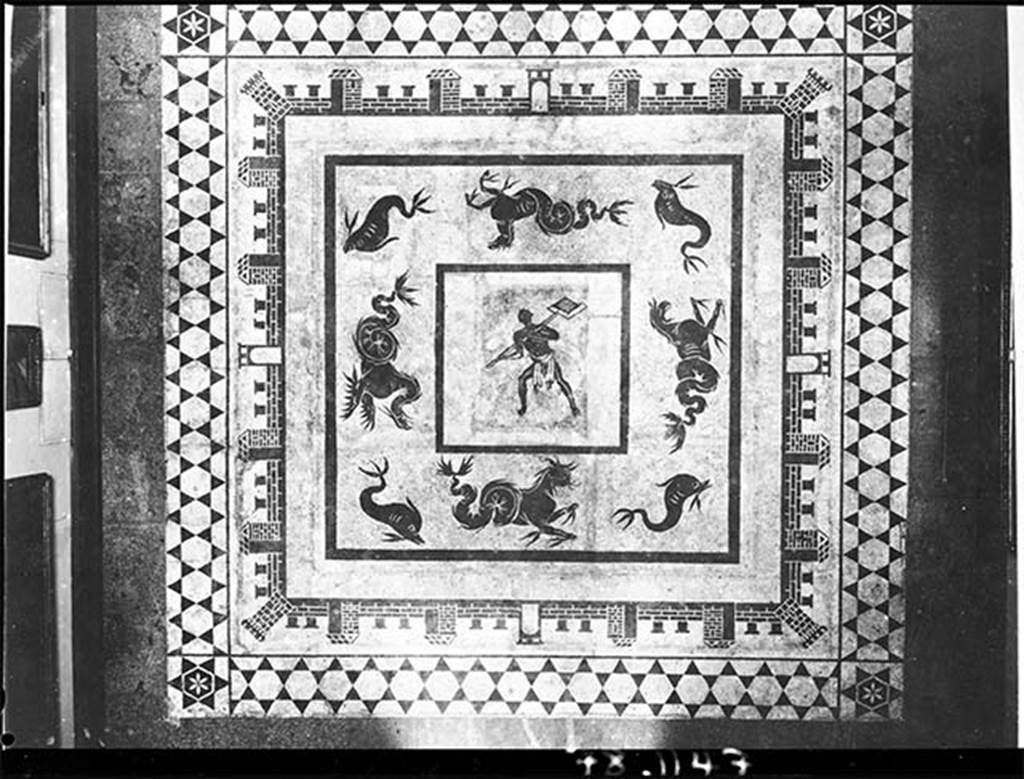 II.4.6 Pompeii. Black and white mosaic showing a furnaceman and a marine scene set in floor of Naples Museum.
DAIR 78.1147. Photo © Deutsches Archäologisches Institut, Abteilung Rom, Arkiv. 
According to Marietta de Vos, this was provenanced from the baths of the Praedia di Julia Felix and is now in the floor of Naples Archaeological Museum, piano nobile, giro interno, Sala III, pavimento. 
See Dell’Orto, L. F. (ed), 1993. Ercolano 1738-1988: 250 anni di ricerca archeologica: Atti del Convegno internazionale. SAP Monografie 6.
p. 115, pl. XXII.