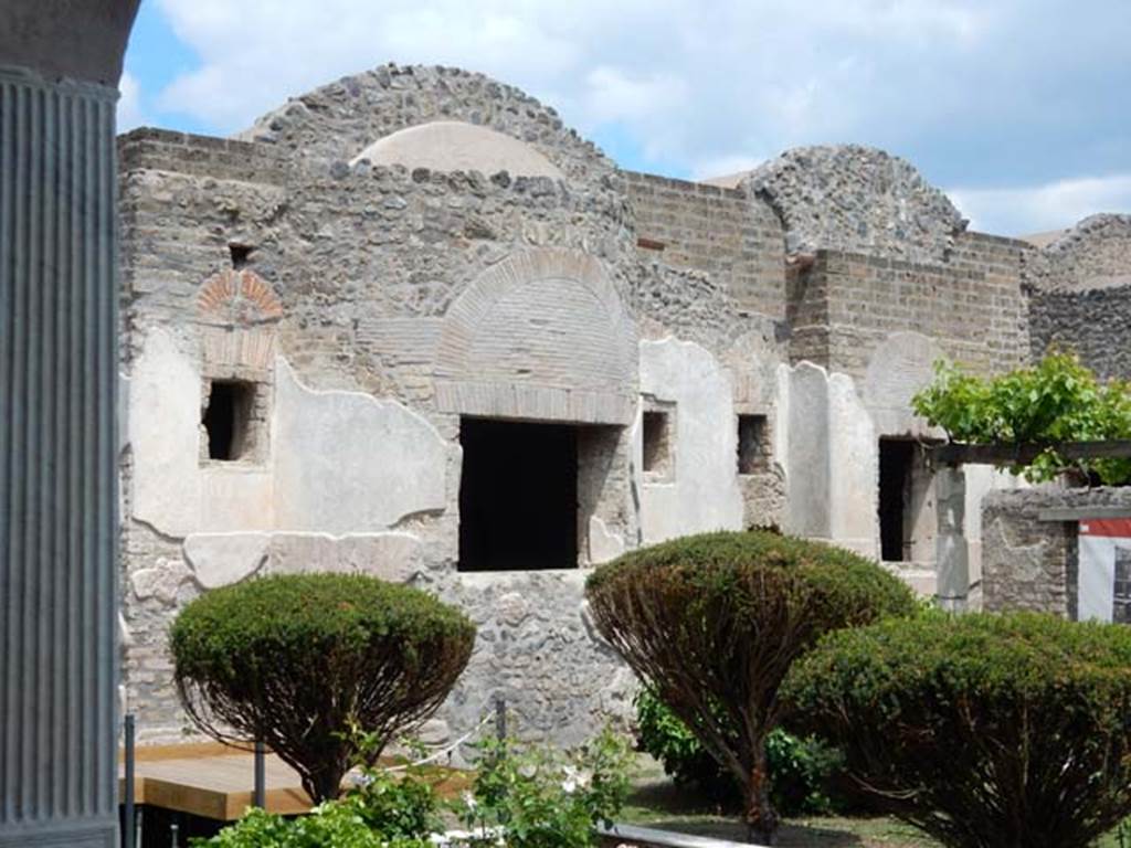 II.4.6 Pompeii. May 2016. Looking north to large window to caldarium, centre, and window to tepidarium, on right.  Photo courtesy of Buzz Ferebee.