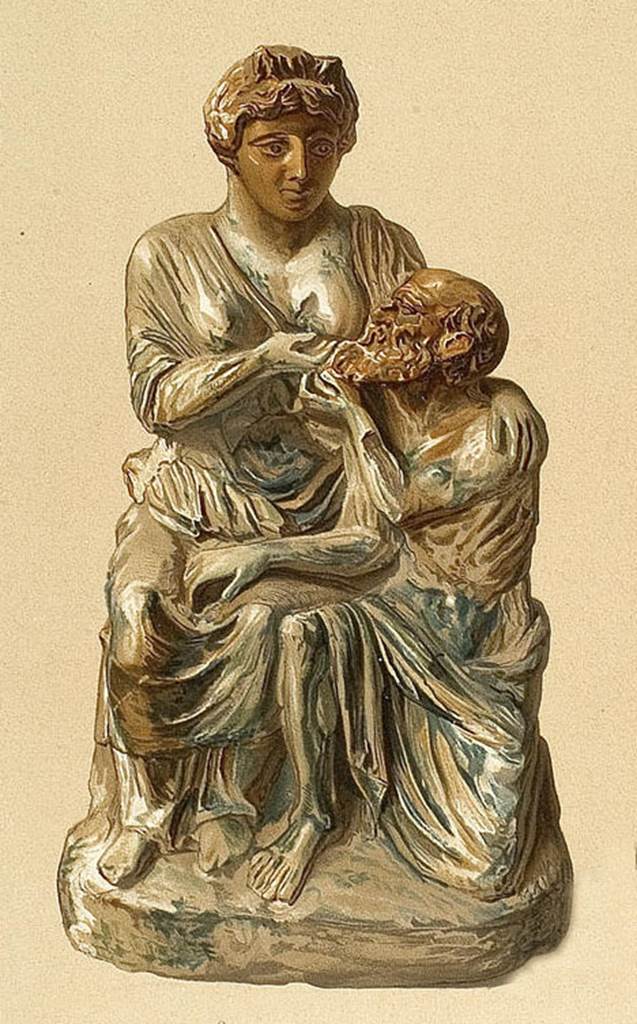 II.4.6 Pompeii. 1880. Found in several fragments in the garden. 
Illustration by Rohden of the Carita Romana or Roman Charity.
Now in Naples Archaeological Museum. Inventory number 22580.
See Rohden, H, 1880. Die Terracotten von Pompeji. Stuttgart: Spemann, (Fig 47).
