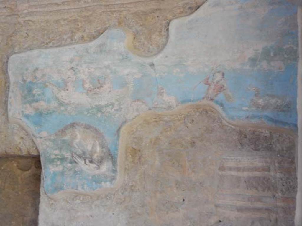 II.4.6 Pompeii. May 2016. North wall, with remains of painted decoration. 
According to the information notice-board 
“on the northern wall is a scene with a pygmy aiming a bow and arrow at two other pygmies rowing a boat; a crocodile is swimming to their left.”
Photo courtesy of Buzz Ferebee.