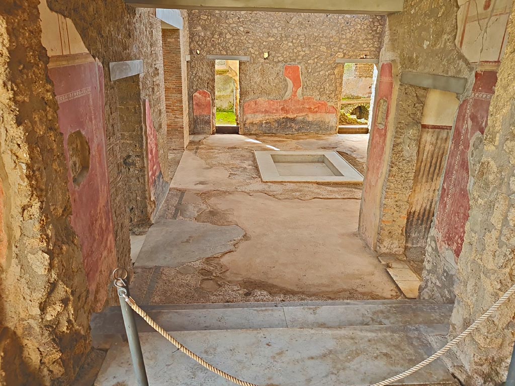 II.4.6/10 Pompeii. March 2024. 
Looking south into atrium of II.4.10, from top of steps at south end of portico of II.4.6. Photo courtesy of Giuseppe Ciaramella.
(To view these rooms, see II.4.10.)