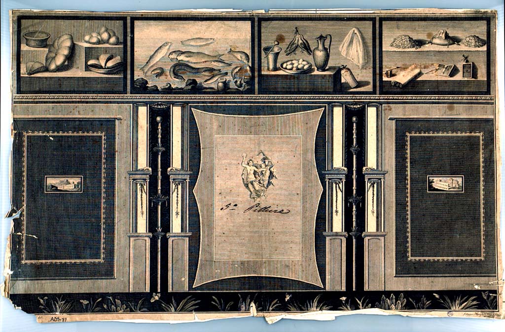 II.4.10 Pompeii. 1792 engraving by Filippo Morghen of south wall of tablinum. 
Now in Naples Archaeological Museum. Inventory number ADS 77. 
The original wall was detached and taken to Naples Archaeological Museum where it is now inventory number 8598.
Photo © ICCD. http://www.catalogo.beniculturali.it
Utilizzabili alle condizioni della licenza Attribuzione - Non commerciale - Condividi allo stesso modo 2.5 Italia (CC BY-NC-SA 2.5 IT)