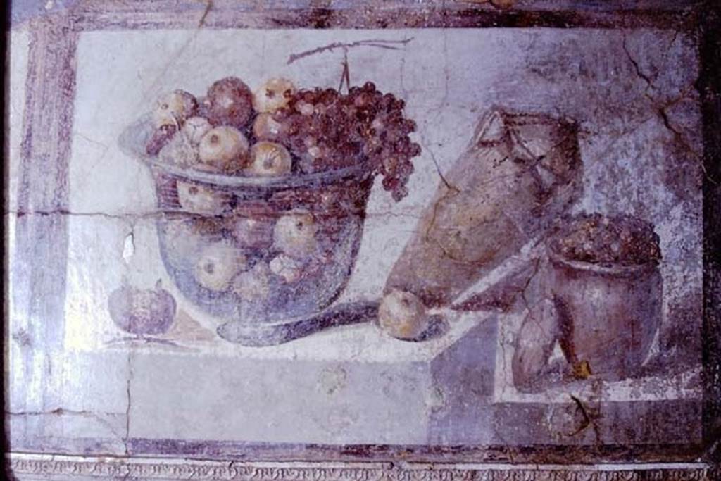 II.4.10 Pompeii. 1966. Frieze from north wall of tablinum, crater of glass full of fruits, and terracotta pots, Now in Naples Archaeological Museum.  Inventory number 8611.
Photo by Stanley A. Jashemski.
Source: The Wilhelmina and Stanley A. Jashemski archive in the University of Maryland Library, Special Collections (See collection page) and made available under the Creative Commons Attribution-Non Commercial License v.4. See Licence and use details. J66f0804