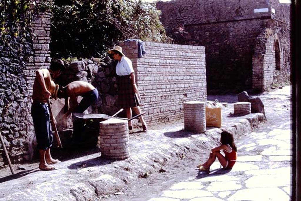 II.5.1 Pompeii. 1972. Wilhelmina supervising the work, watched by a young future worker. Photo by Stanley A. Jashemski. 
Source: The Wilhelmina and Stanley A. Jashemski archive in the University of Maryland Library, Special Collections (See collection page) and made available under the Creative Commons Attribution-Non Commercial License v.4. See Licence and use details. J72f0539