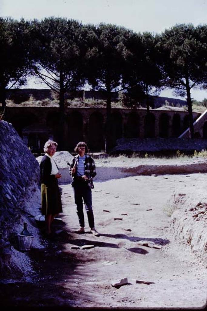 II.5 Pompeii. 1970.  Wilhelmina and a visitor to the site.  Photo by Stanley A. Jashemski.
Source: The Wilhelmina and Stanley A. Jashemski archive in the University of Maryland Library, Special Collections (See collection page) and made available under the Creative Commons Attribution-Non Commercial License v.4. See Licence and use details.
J70f0477