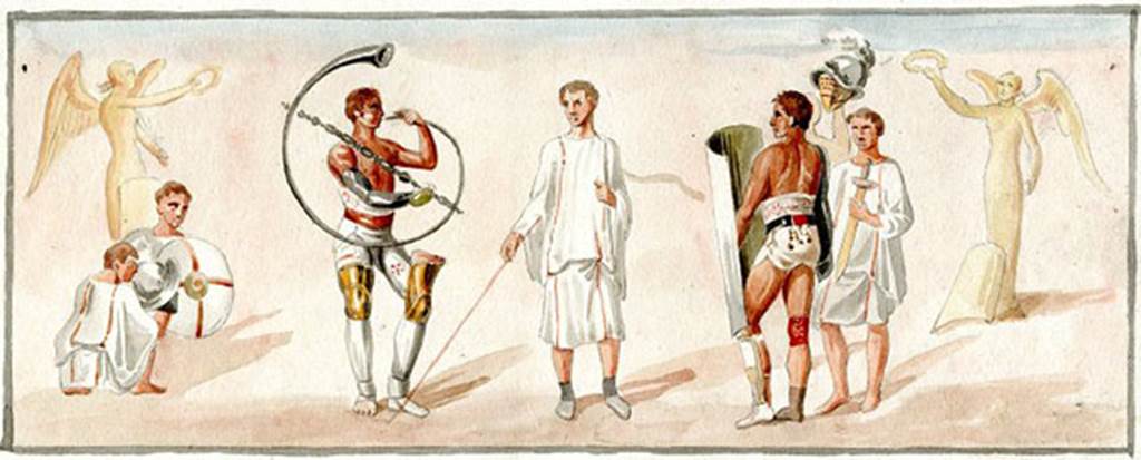 II.6 Pompeii. 1817 copy by Gell of painting on the low walls of the amphitheatre, now lost.
See Gell, W, and Gandy J. P., 1819.  Pompeiana. London: Rodwell and Martin, pl. LXX.  
According to Overbeck, this scene, which obviously shows the beginning of the contest, shows the armament of the gladiators. 
In the middle is the referee with long staff showing the circle of struggle.
To his right is a gladiator standing half-armed, behind whom are two comrades who hold his sword and helmet.
To the referee’s left is a semi-armed man who blows the battle horn. 
Crouching comrades behind him also hold helmet and shield ready for him. 
At either end in the background wait the winged victories.
The man who blows the battle horn (tuba) is a semi-armed gladiator and not a Tubicen (trumpeter) who would have been unarmed.
See Overbeck J., 1884. Pompeji in seinen Gebäuden, Alterthümen und Kunstwerken. Leipzig: Engelmann, p. 183, fig. 107. 
Three similar bronze trumpets were excavated in V.2.c in January 1884 and are now in Naples Archaeological Museum.