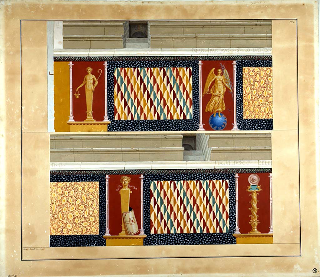 II.6 Pompeii. ADS 81. Inner wall of amphitheatre, paintings now lost.
Painting by Francesco Morelli of amphitheatre podium painted with panels of fake marble and pattern of scales, separated by panels with Herms, Vittoria and candelabra. Above this was the cornice on which the inscription was engraved, above this, two rows of steps/seating are shown.
The first mention of the podium paintings were “two years after the first resumption of excavations in PAH, I, 3, p.168, of the 15th January 1815”.
Then they were left derelict and exposed, and only a few months after their re-finding, the paintings in the amphitheatre were found to be dilapidated. 
In particular the standing figure playing the trumpet had lost half of his head.
By the first months of 1816, due to the ice, the painted stucco that was not protected fell from the wall; the ones that remained on the wall of the parapet around the arena “che restavano nel giro del parapetto del’ arena, e massime quello dov’erano i gladiatori.” (PAH, I, 3, p.179).
Now in Naples Archaeological Museum. Inventory number ADS 81.
Photo © ICCD. http://www.catalogo.beniculturali.it
Utilizzabili alle condizioni della licenza Attribuzione - Non commerciale - Condividi allo stesso modo 2.5 Italia (CC BY-NC-SA 2.5 IT)