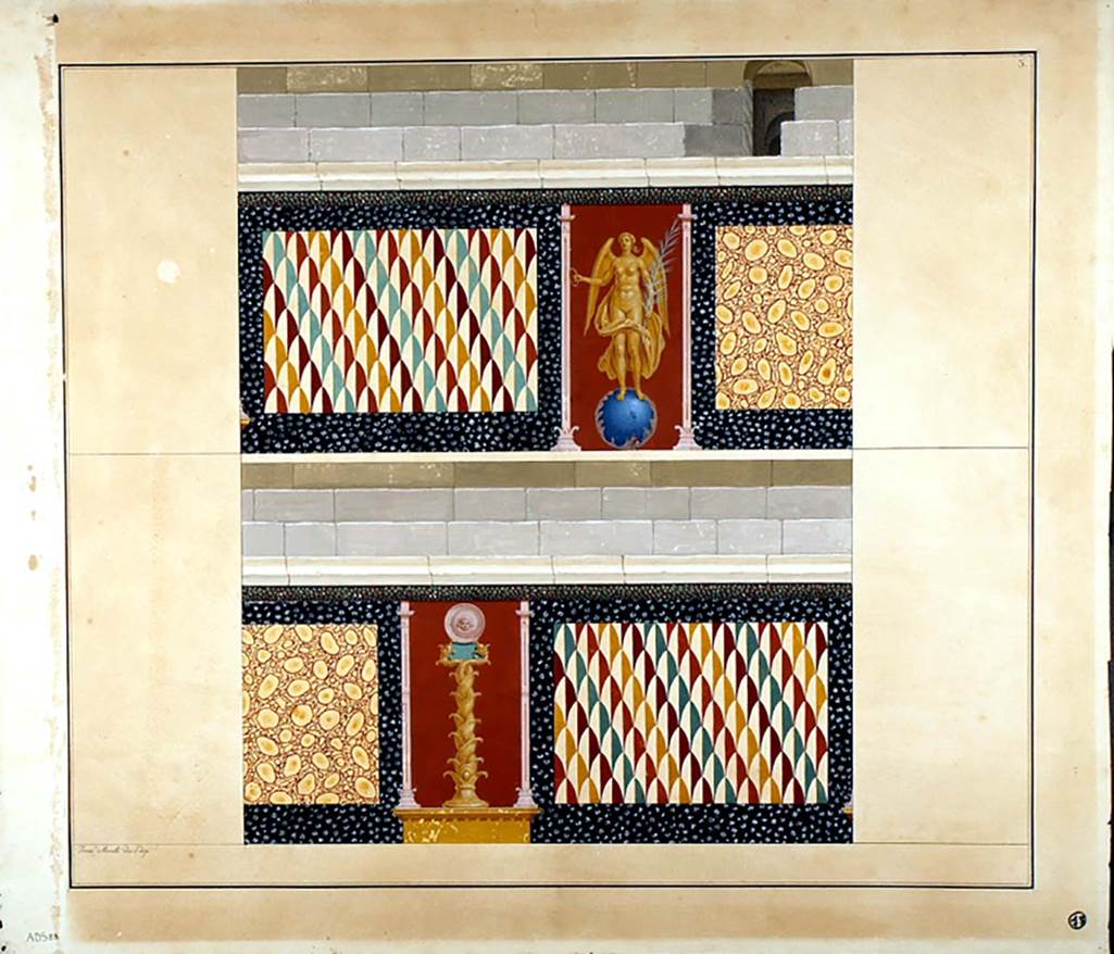 II.6 Pompeii. ADS 83. Inner wall of amphitheatre, paintings now lost.
Painting by Francesco Morelli of amphitheatre podium painted with panels of fake marble and pattern of scales, separated by candelabra and Vittoria.
Now in Naples Archaeological Museum. Inventory number ADS 83.
Photo © ICCD. http://www.catalogo.beniculturali.it
Utilizzabili alle condizioni della licenza Attribuzione - Non commerciale - Condividi allo stesso modo 2.5 Italia (CC BY-NC-SA 2.5 IT)